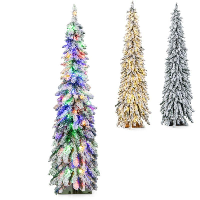 COSTWAY Pre-Lit Artificial Christmas Tree, Snow Flocked Slim Pencil Christmas Tree with Multi-Color & Warm-White LED Lights, Xmas Holiday Decoration Tree