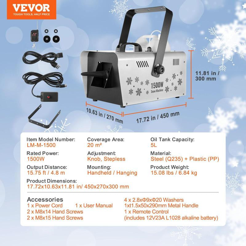 VEVOR Snow Machine, Tiktokshopblackfriday, 1500W Snow Maker Machine with 2 Remotes Control and 5L Large Capacity Water Tank, High Output Snowflake Maker Stage Snow Effect for Christmas, Halloween, Wedding, DJ Parties