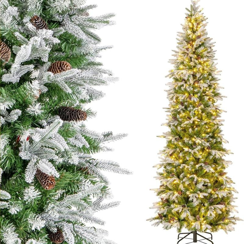 COSTWAY Pre-Lit Artificial Christmas Tree, Snow Flocked Slim Pencil Christmas Tree with Multi-Color & Warm-White LED Lights, Xmas Holiday Decoration Tree