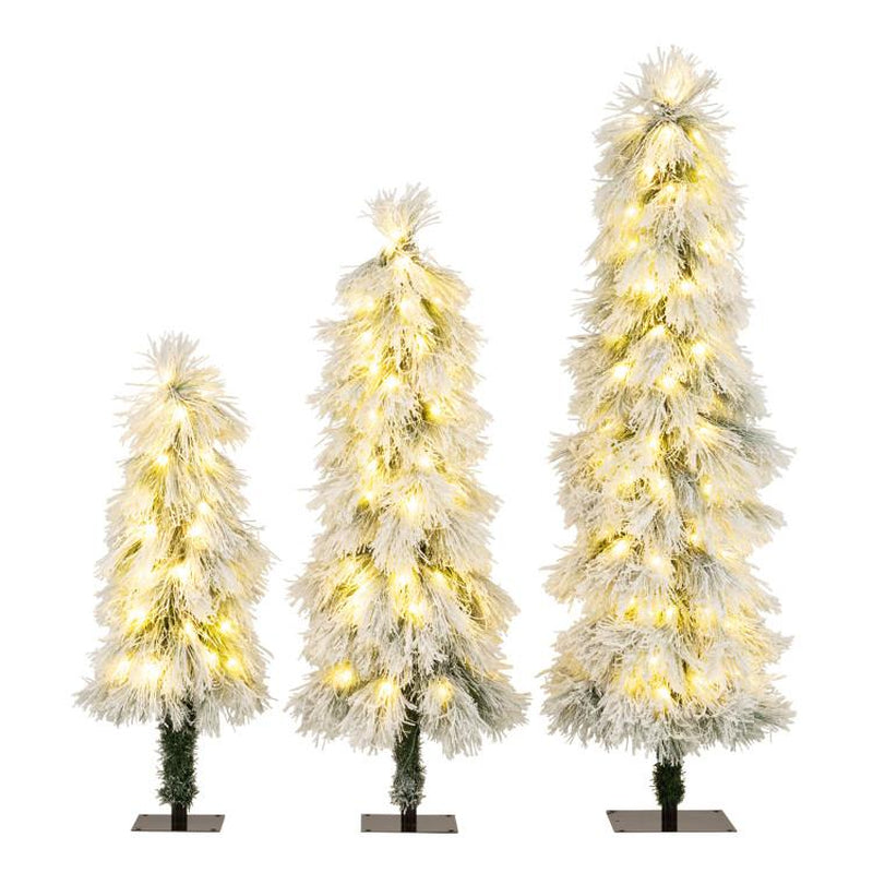 COSTWAY Pre-Lit Artificial Christmas Tree, Snow Flocked Slim Pencil Christmas Tree with Multi-Color & Warm-White LED Lights, Xmas Holiday Decoration Tree