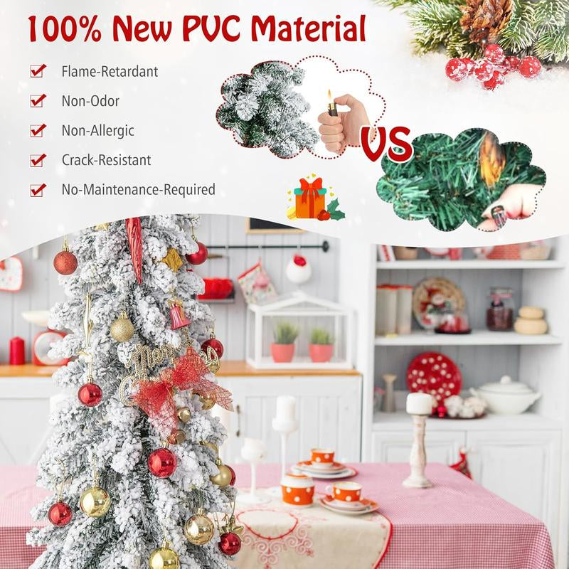 COSTWAY Pre-Lit Artificial Christmas Tree, Snow Flocked Slim Pencil Christmas Tree with Multi-Color & Warm-White LED Lights, Xmas Holiday Decoration Tree