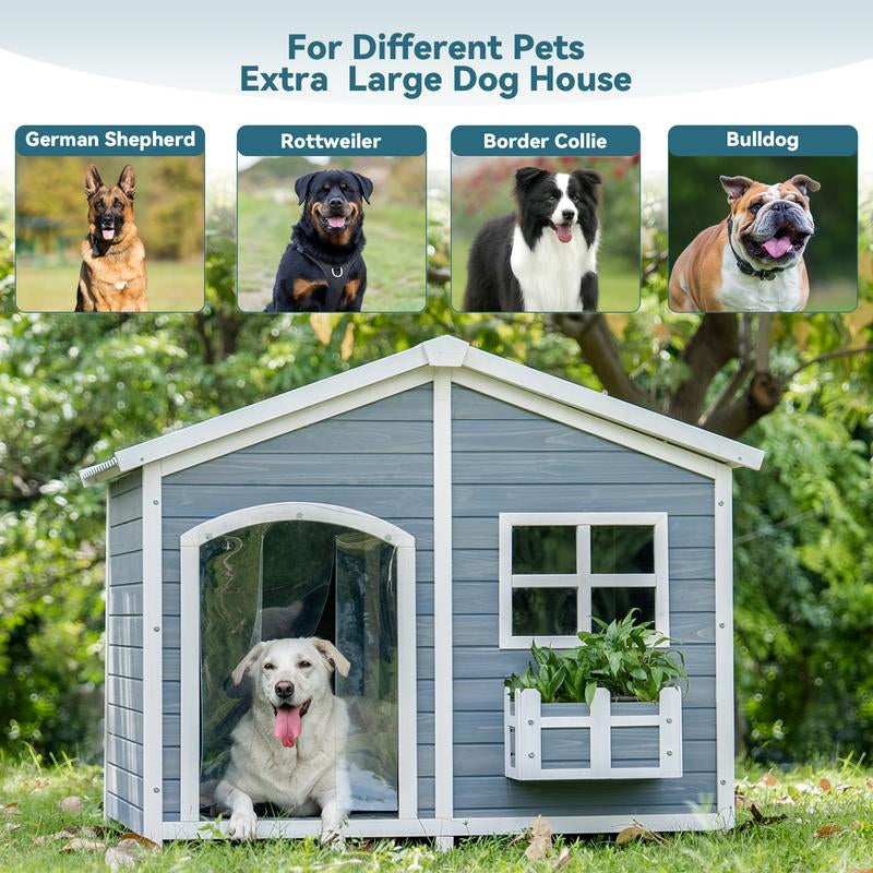 [5-Year Warranty] Petsfit 47" Solid Wood Dog House, 200Lbs Weight Capacity & Waterproof PVC Roof, Extra Large Outdoor Dog Kennel for 2 Medium Dogs, Easy-Clean Removable Floor, All-Weather Shelter, Gray