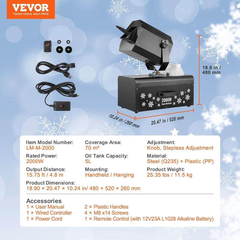 VEVOR Snow Machine, Tiktokshopblackfriday, 1500W Snow Maker Machine with 2 Remotes Control and 5L Large Capacity Water Tank, High Output Snowflake Maker Stage Snow Effect for Christmas, Halloween, Wedding, DJ Parties