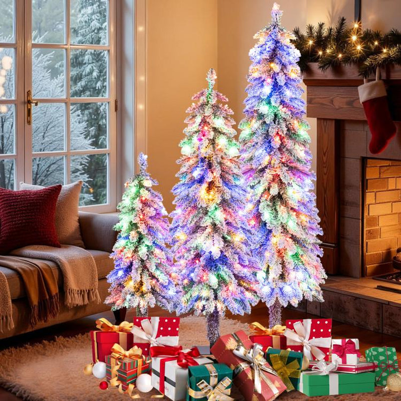 COSTWAY Pre-Lit Artificial Christmas Tree, Snow Flocked Slim Pencil Christmas Tree with Multi-Color & Warm-White LED Lights, Xmas Holiday Decoration Tree