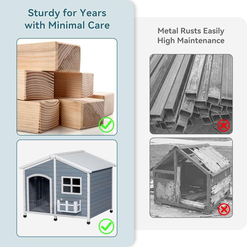 [5-Year Warranty] Petsfit 47" Solid Wood Dog House, 200Lbs Weight Capacity & Waterproof PVC Roof, Extra Large Outdoor Dog Kennel for 2 Medium Dogs, Easy-Clean Removable Floor, All-Weather Shelter, Gray