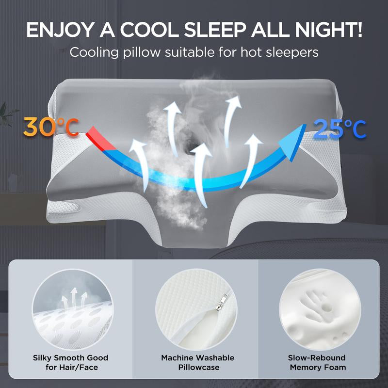 Memory Foam Neck Pillow , Adjustable Ergonomic Memory Foam Neck Pillows， Cervical Support, Breathable & Removable Pillowcase， for Side Sleep ，Stomach and Back Sleeper