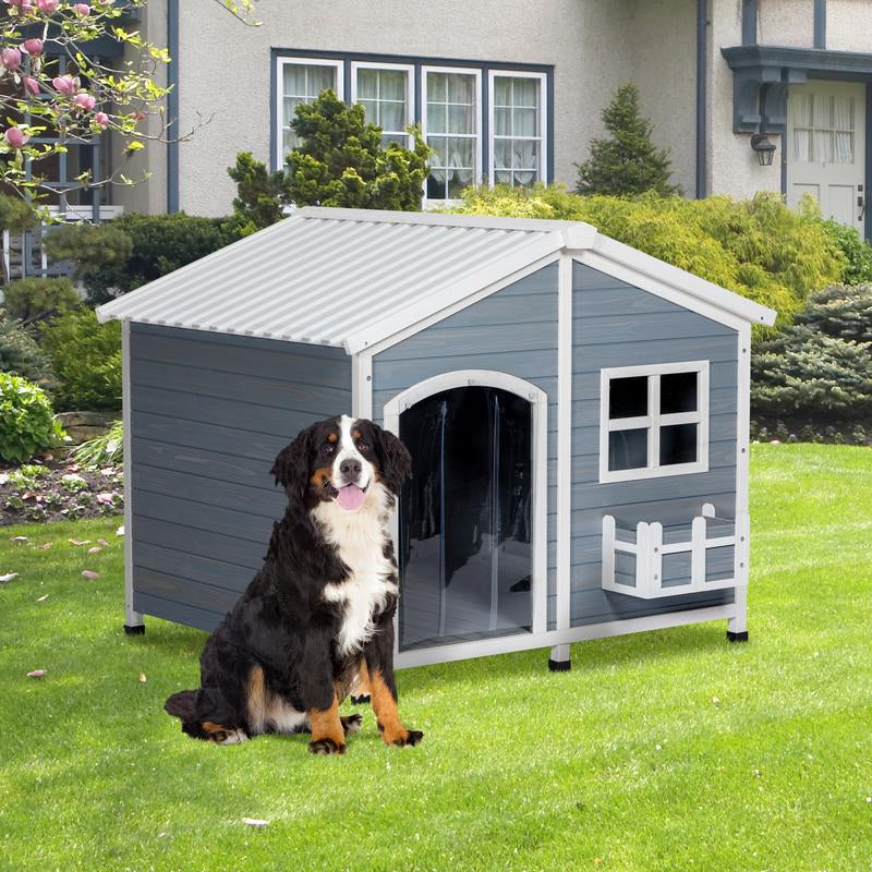 [5-Year Warranty] Petsfit 47" Solid Wood Dog House, 200Lbs Weight Capacity & Waterproof PVC Roof, Extra Large Outdoor Dog Kennel for 2 Medium Dogs, Easy-Clean Removable Floor, All-Weather Shelter, Gray